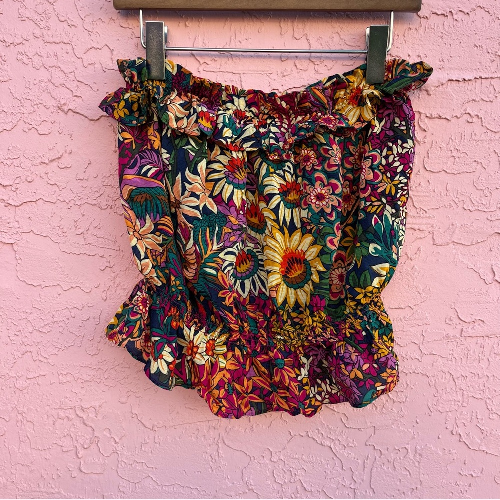 Maeve by Anthropologie Floral Strapless Blouse Top Flowers Ruffle Size Medium